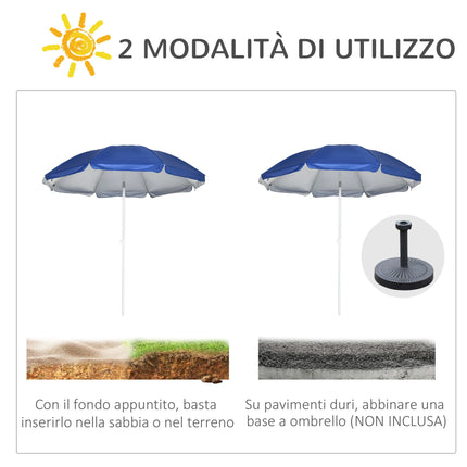 Outsunny Ombrellone da Spiaggia Ø1.9x2 m con Tettuccio Reclinabile a 45°, Tendina Laterale con Finestre e 2 Tasche, Ombrellone da Mare con 8 Stecche e Design a 2 Sezioni in Acciaio e Poliestere, Blu