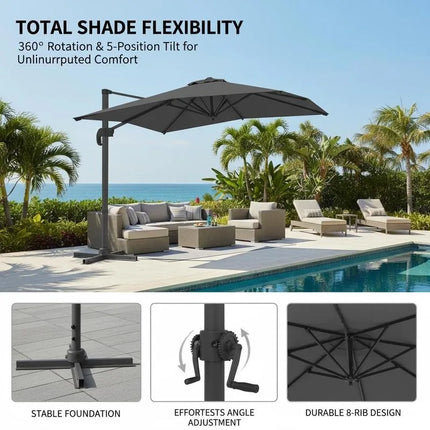 Ombrellone da Patio Quadrato a Sbalzo, 5 Angoli di Inclinazione e Rotazione a 360° °   Ombrellone da Esterno Girevole con Palo in Alluminio a 8 Stecche, Tetto Ventilato Antivento
