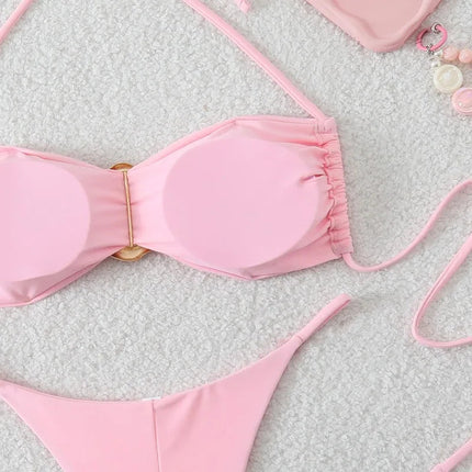 Costume da Bagno da Spiaggia alla Moda, Set Bikini a Perizoma per Donna, Sexy Costume da Bagno a Triangolo con Lacci, Due Pezzi, Stile Brasiliano, Tinta Unita platinumshop
