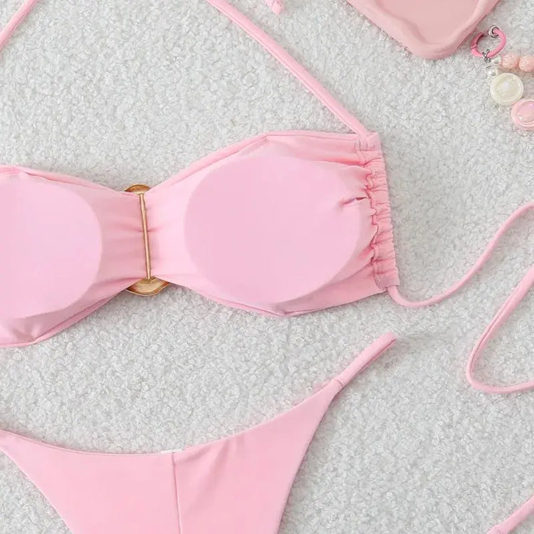 Costume da Bagno da Spiaggia alla Moda, Set Bikini a Perizoma per Donna, Sexy Costume da Bagno a Triangolo con Lacci, Due Pezzi, Stile Brasiliano, Tinta Unita platinumshop