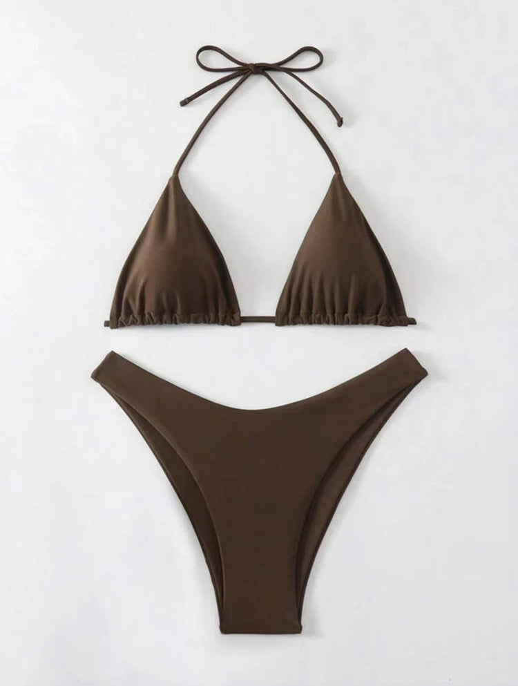 Costume da bagno bikini a perizoma da donna sexy, tinta unita bianco/nero/caffè, con laccetti, stile brasiliano, nuovo, in doppio tessuto, per la spiaggia platinumshop