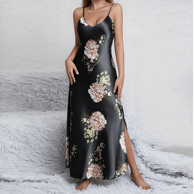 Elegant Sexy V-Neck Floral Print Silky Smooth Comfort Women's Slip Nightgowns Nightwear for Summer Pajamas Sleepwear PJs