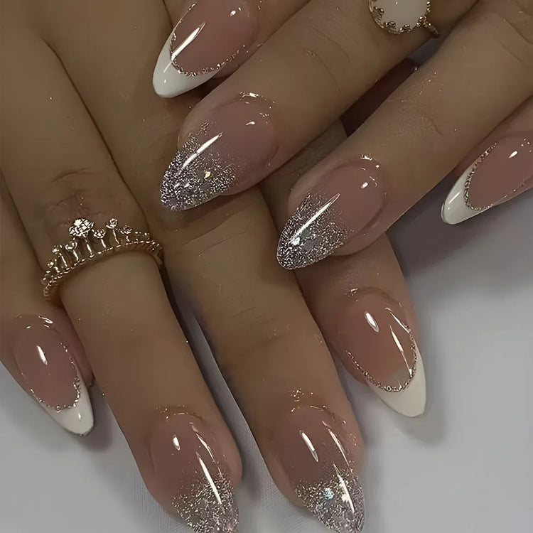 24Pcs Medium Almond Nude‑Pink 3D Textured Metallic Cat‑Eye French Sheer Press‑On False Nails For Nail Art Decor