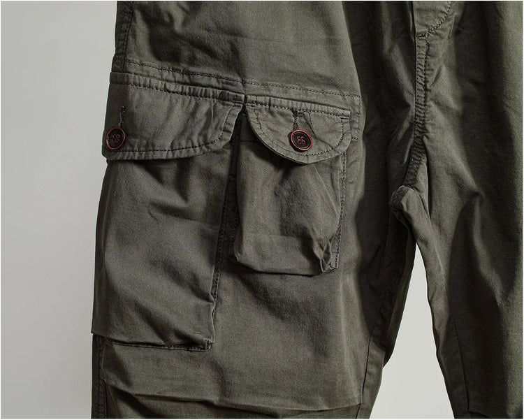 Men Elastic Drawstring Waist Jogger Cargo Pants Multi Button Pockets Vintage Washed Tapered Ankle Cuff Casual Street Trousers
