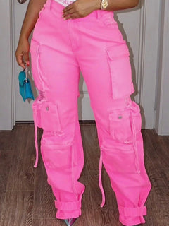 Women's Jeans Cargo Pants Pockets High Waist Y2K Vintage Streetwear Fashion Pink Denim Joggers Plus Size Women Jeans 2024