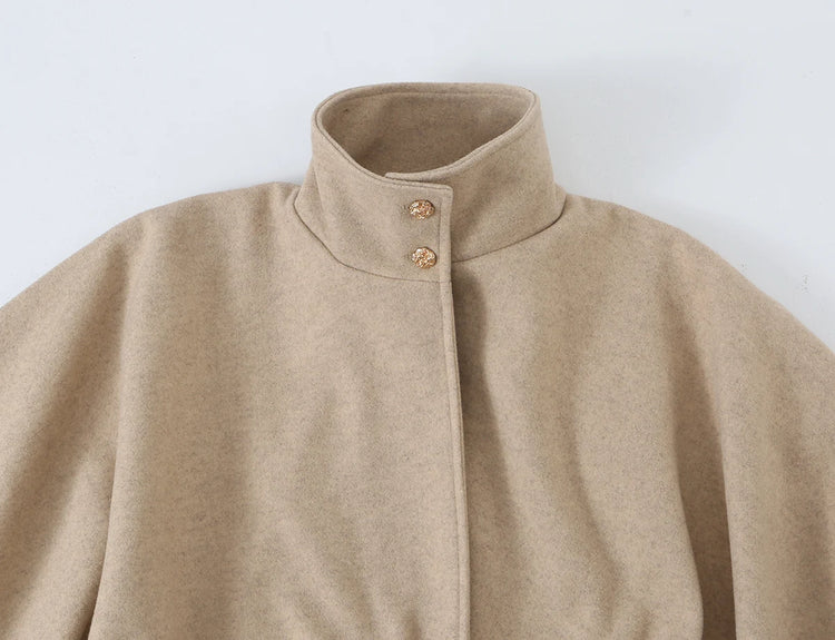 Women Fall Winter Elegant Blended Belt Coat Cape Style Stand-Collar Cloak Coat KONDALA 2026 Trendy Vintage Casual Chic Lady Coat