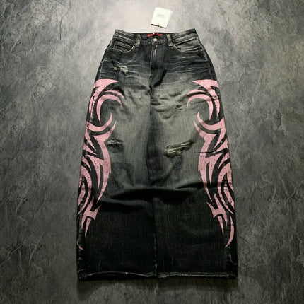 Women's Denim Jeans Wide Leg Long Pants High Waist Straight Hole Pants Y2k Streetwear Print Mom Jeans Casual Loose 2025