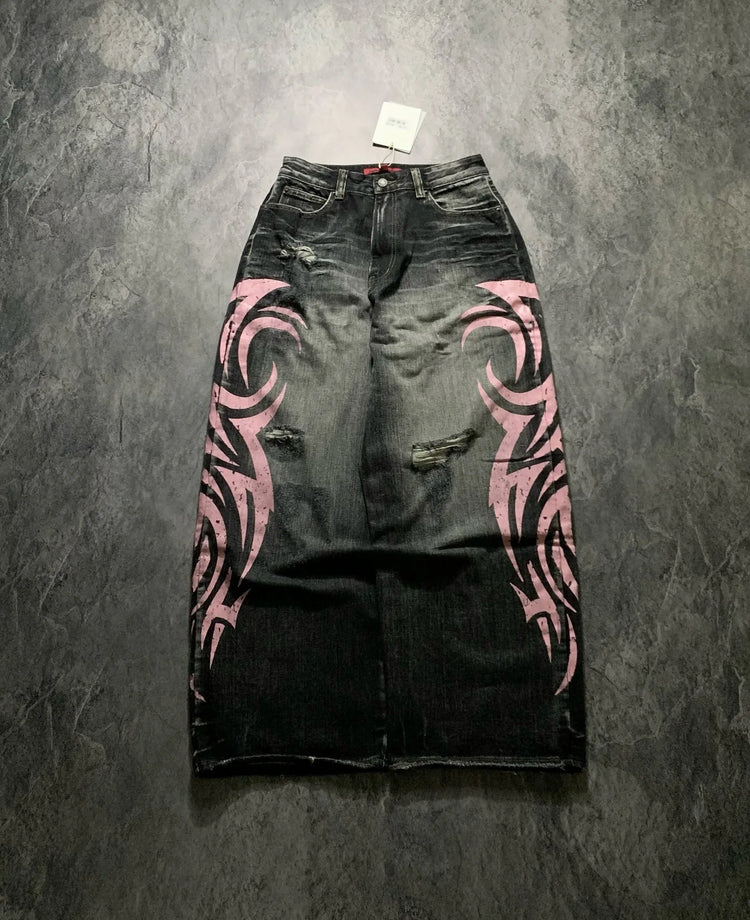 Pantaloni in denim Jeans da donna Pantaloni lunghi a gamba larga Pantaloni dritti a vita alta con foro Y2k Streetwear Stampa Jeans mamma Casual Allentati 2025