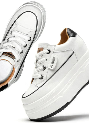 Fujin 9cm 3 inch comfortable platform sneakers for women Genuine Leather Women Vulcanized Shoes Platform High Heels Casual Shoes PlatiNum