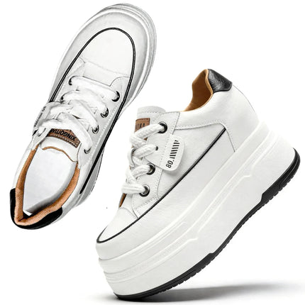 Fujin 9cm 3 inch comfortable platform sneakers for women Genuine Leather Women Vulcanized Shoes Platform High Heels Casual Shoes PlatiNum