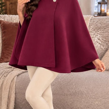 Women's Autumn and Winter Solid Color Elegant Cape with Gold Buttons and Belt Design