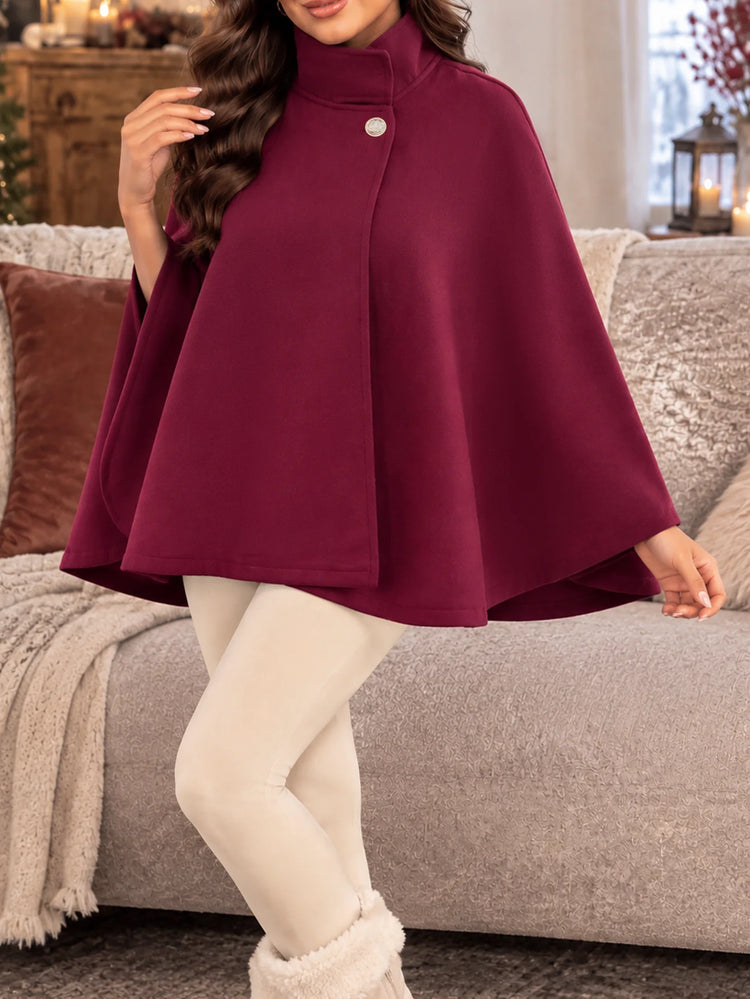 Women's Autumn and Winter Solid Color Elegant Cape with Gold Buttons and Belt Design