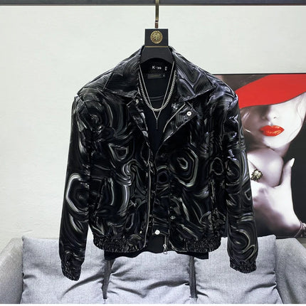 Mauroicardi Spring Autumn Cool Short Black Shiny Geometric Faux Leather Jacket Men Zipper Stylish Luxury Designer Clothes