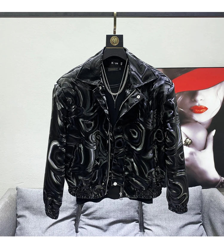 Mauroicardi Spring Autumn Cool Short Black Shiny Geometric Faux Leather Jacket Men Zipper Stylish Luxury Designer Clothes