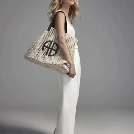 Large Capacity AB Letter Woven Straw Tote Bag, Beach Vacation Women's Striped RIO City Simple Style Casual Travel Bag