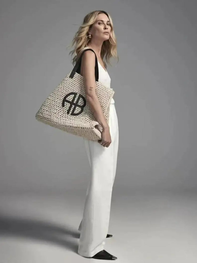 Borsa tote in paglia intrecciata con lettera AB di grande capacità, per vacanze al mare, da donna, a righe, RIO City, stile semplice, borsa da viaggio casual