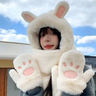 New Fashion Scarf Hat Glove Women Cute Big Ear Bunny Beanie Winter Warm Soft Thickening Pocket Warm Ear Hats Hooded Skullie Caps