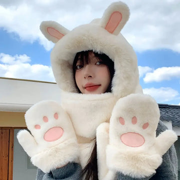 New Fashion Scarf Hat Glove Women Cute Big Ear Bunny Beanie Winter Warm Soft Thickening Pocket Warm Ear Hats Hooded Skullie Caps