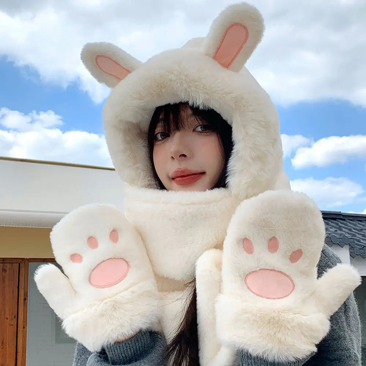 New Fashion Scarf Hat Glove Women Cute Big Ear Bunny Beanie Winter Warm Soft Thickening Pocket Warm Ear Hats Hooded Skullie Caps