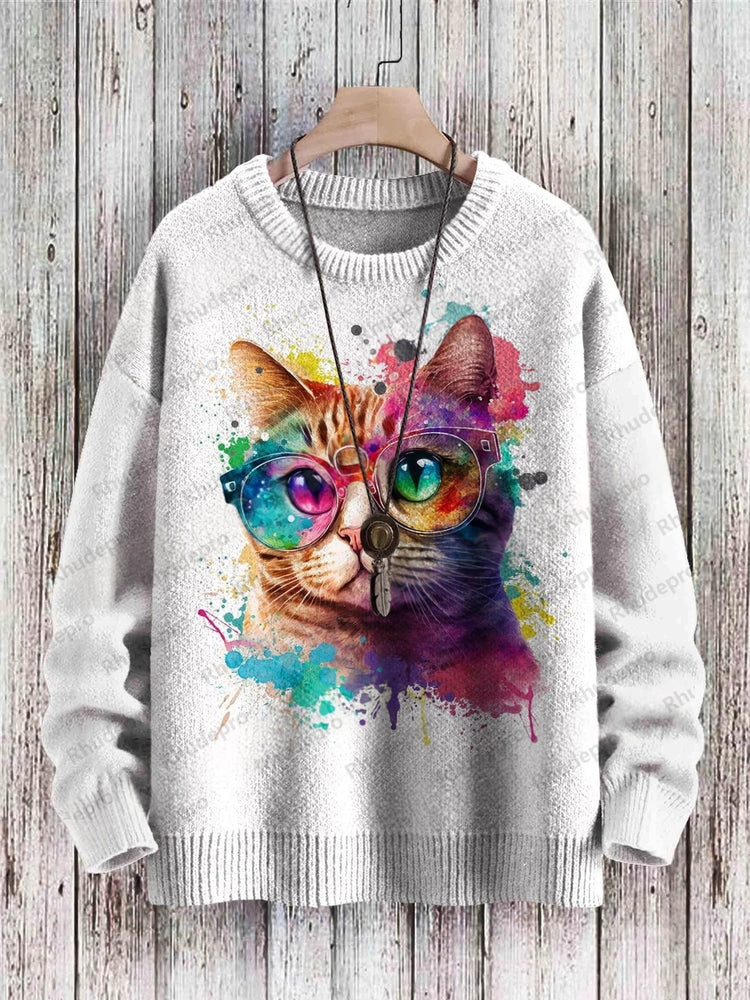 Cute Black Cat Graphic Retro Pattern 3D Printed Men's Knitted Pullover Winter Unisex Casual Warm Knit Pullover Sweater