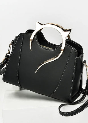 Cat Shaped Handle Women Handbag Trendy And Fashionable, Solid Color, Simple And Casual Crossbody Shoulder Shell Bag PlatiNum