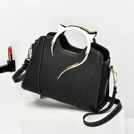 Cat Shaped Handle Women Handbag Trendy And Fashionable, Solid Color, Simple And Casual Crossbody Shoulder Shell Bag PlatiNum