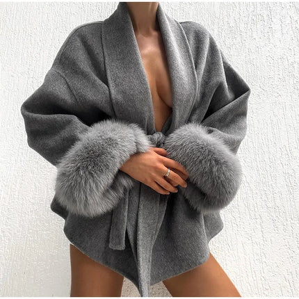 Elegant Lace Up Woolen Short Coat Solid Loose Lapel Furry Long Sleeve Belt Waist Jacket 2026 Spring Autumn Lady Chic Cardigan