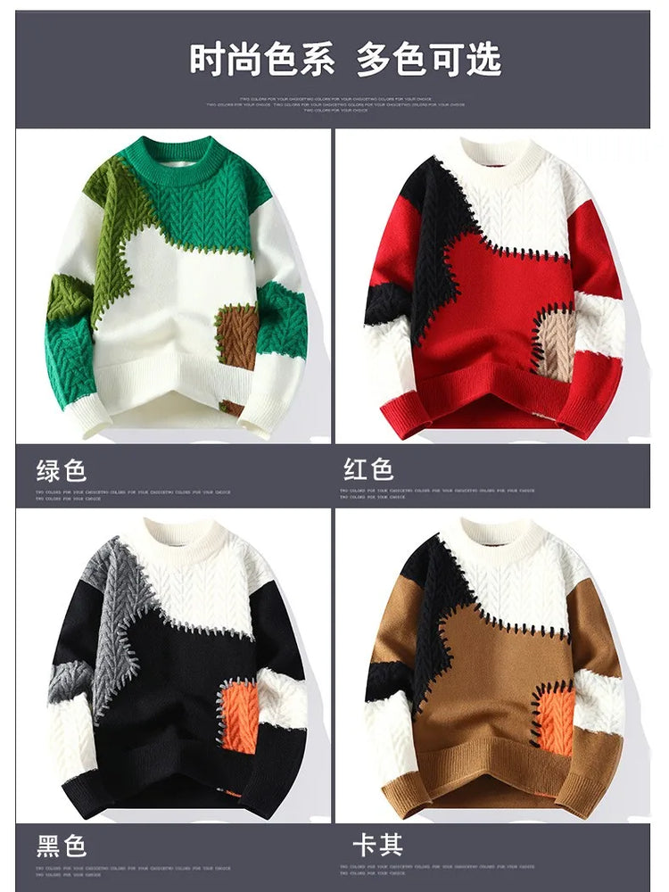 Thorn Style Spliced Knitted Sweater 2025 Fashionable High Street Autumn Winter Warm Men's Top Hip-hop Streetwear Fishing Sports