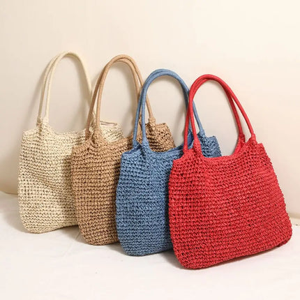 Fashionable Straw Tote Bag Large Capacity Woven Beach Bag Solid Color Casual Square Beach Bag