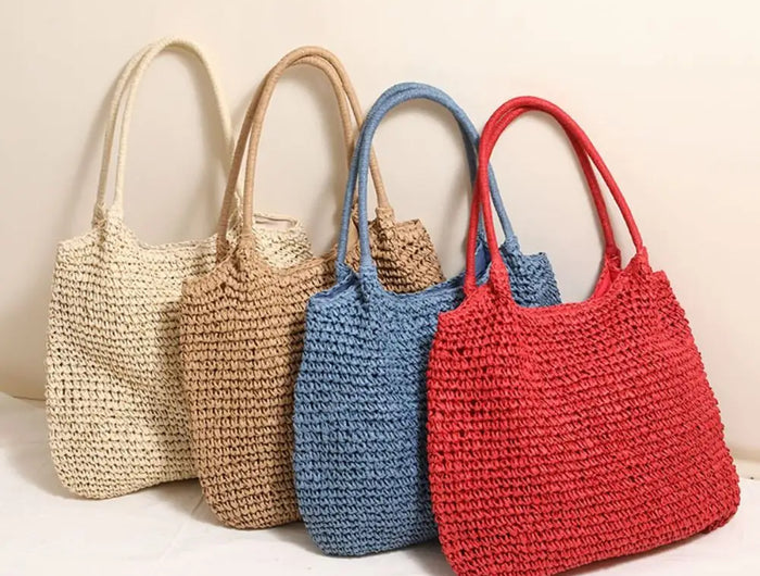 Fashionable Straw Tote Bag Large Capacity Woven Beach Bag Solid Color Casual Square Beach Bag