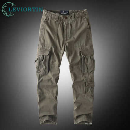 American Style Men's Heavyweight Cotton Cargo Pants Multi-Pocket Casual Loose Straight-Leg Work Trousers Outdoor Jogger Pants