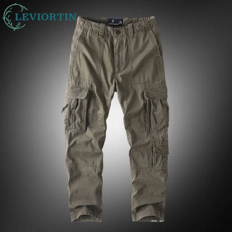 American Style Men's Heavyweight Cotton Cargo Pants Multi-Pocket Casual Loose Straight-Leg Work Trousers Outdoor Jogger Pants