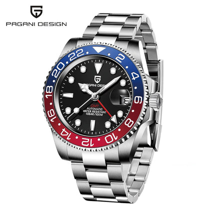 TOP PAGANI DESIGN PD1662 GMT Orologio meccanico automatico da uomo Cinturino in acciaio inossidabile Anello in ceramica blu Quadrante bianco Resistente all'acqua fino a 100 m Orologi da polso sportivi da uomo luminosi per uom