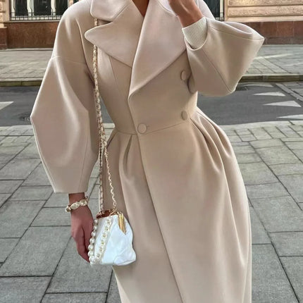 European American Retro Court Style Wool Coat, Long Length with Big Lapel & Lantern Sleeves, New Autumn Winter Outerwear