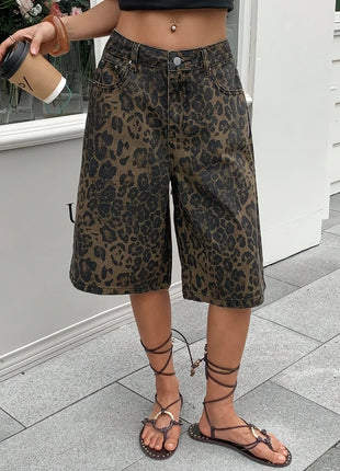 Pantaloncini Bermuda in Denim Vintage con Stampa Leopardata da Donna, a Vita Alta, Gamba Larga, Casual Estivi, Streetwear, Moda Quotidiana