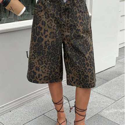 Pantaloncini Bermuda in Denim Vintage con Stampa Leopardata da Donna, a Vita Alta, Gamba Larga, Casual Estivi, Streetwear, Moda Quotidiana