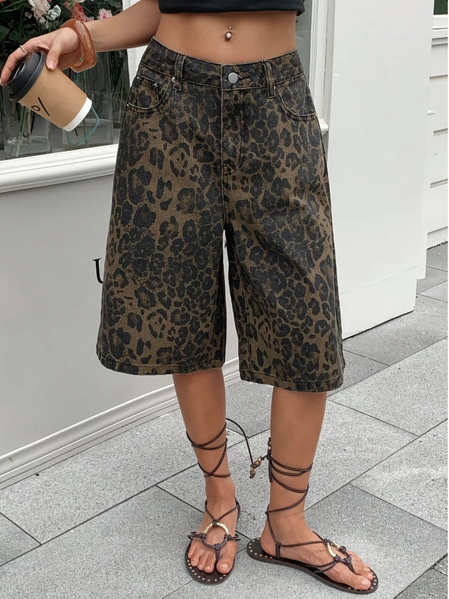 Women's Vintage Denim Bermuda Shorts with Leopard Print, High Waist, Wide Leg, Casual Summer, Streetwear, Daily Fashion
