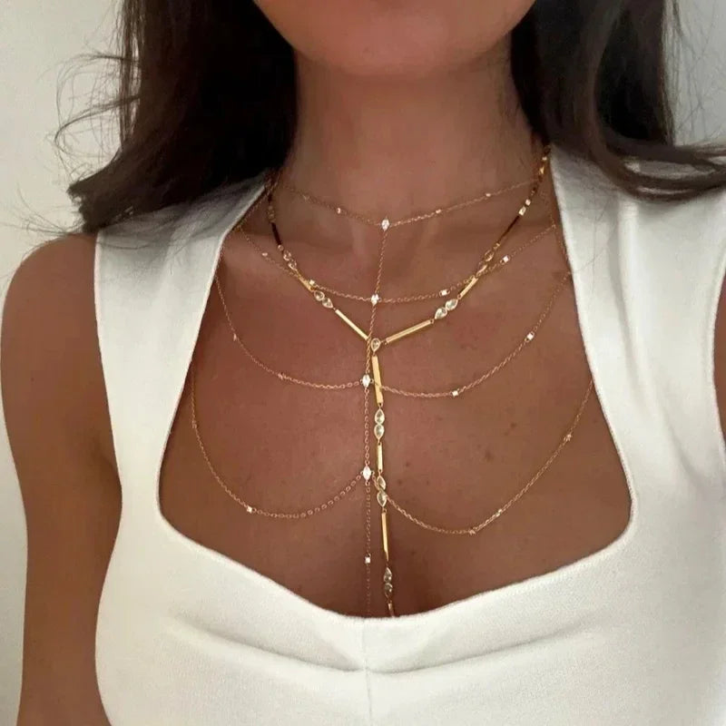 Nuovo speciale color oro Goccia d'acqua Bling Ovale CZ Collana girocollo Lariat Lunga barra a goccia a forma di Y Lunga nappa Gioielli da donna 2025
