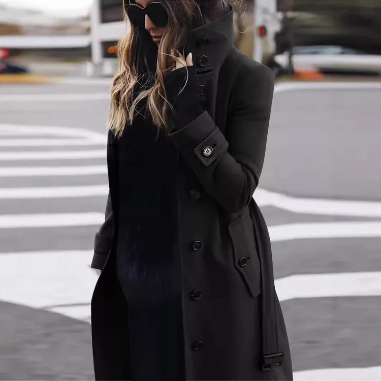 New Solid Color Button Long Wool Coat Autumn Warm Stand Collar Women Coat Fashion Ladies High Neck Pocket Belt Trench Coat