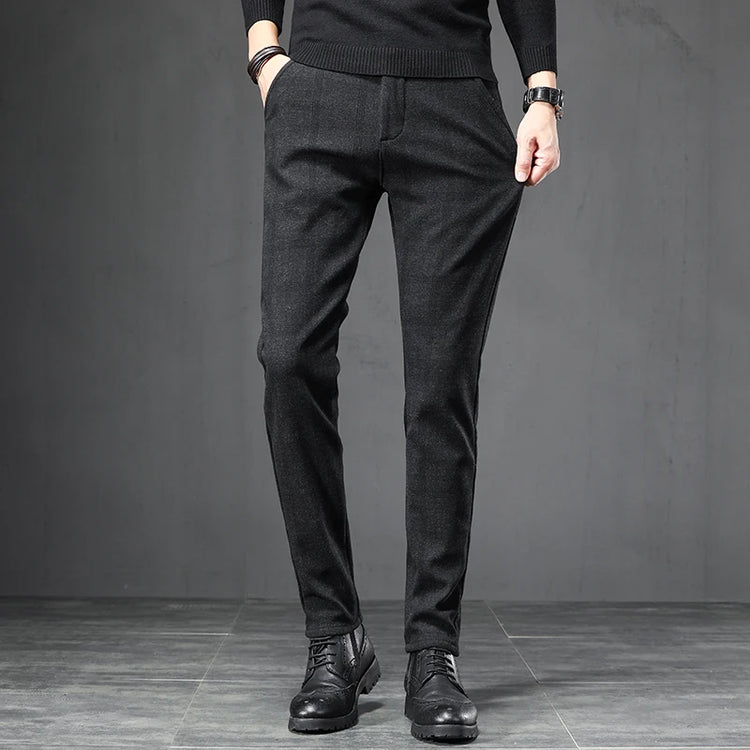 Spring Autumn Men's Korean Casual Pants Slim Straight Brushed Plaid Stretch Fashion Man Pants Office Social Business Trousers