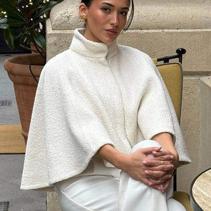 HH Women's 2025 New Solid Wool Blended Stand Collar Concealed Button Cape Jacket Female Fashion Versatile Temperament Jacket