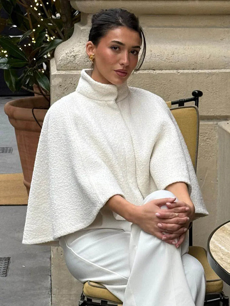 HH Women's 2025 New Solid Wool Blended Stand Collar Concealed Button Cape Jacket Female Fashion Versatile Temperament Jacket