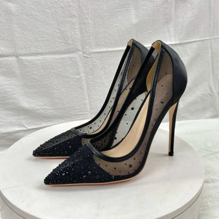 Scarpe con strass in rete traspirante Donna 8CM 10CM 12CM Décolleté a spillo Moda Punta a punta Serata estiva Tacchi alti Nero