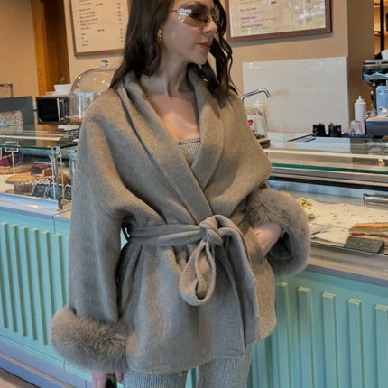 Solid Lace Up Faux Fur Sleeve Jacket Woman Elegant Mid-length V-neck Woolen Blend Coat Autumn Casual Fashion Scarf Outwear 2025