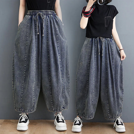 508 primavera estate nuovi Jeans larghi 100kg per le donne coulisse semplice tinta unita nero Vintage cotone femminile lanterna pantaloni in Denim