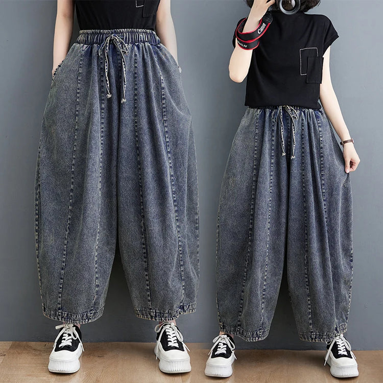 508 primavera estate nuovi Jeans larghi 100kg per le donne coulisse semplice tinta unita nero Vintag