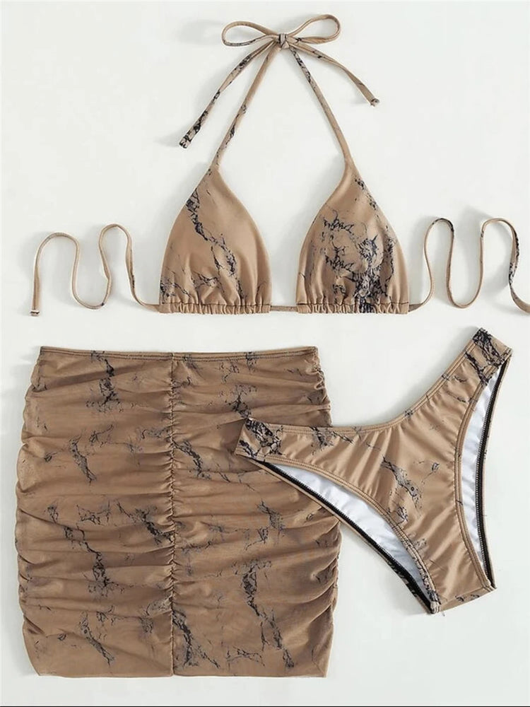 3 pezzi perizoma Bikini con gonna marmo texture costume da bagno donna costume da bagno Set costumi da bagno femminili abbigliamento da spiaggia nuoto estate platinumshop