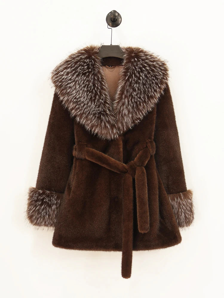 ZADORIN Luxury Long Mink Coat Faux Raccoon Fur Collar Warm Black Fur Coat Woman Elegant Belted Faux Fur Jacket Winter Outerwears