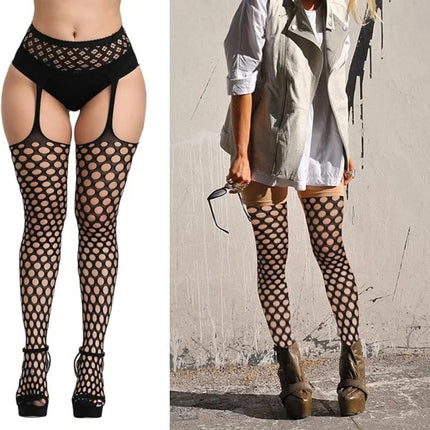 Calze a rete sexy da donna da 3 pezzi Collant con reggicalze alti fino alla coscia con reggicalze Design con motivo scavato per uso occasionale