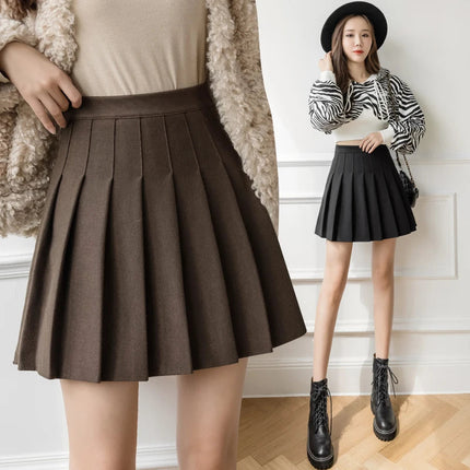 Autumn Winter Woolen Mini Pleated Skirts Women Fashion High Waist Loose A-Line Short Skirt Kawaii School Skater Falda Plisada PlatiNum